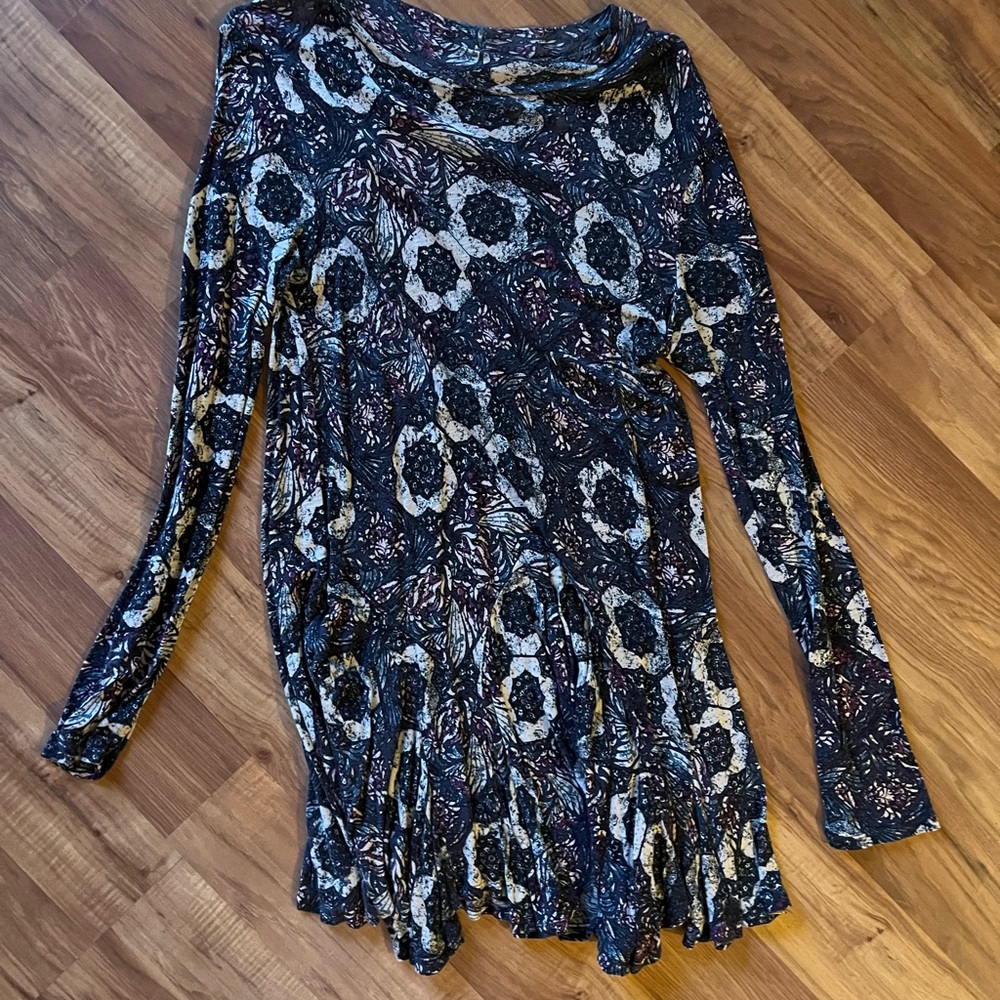 Free People Long Sleeve Dress - Blue and Cream